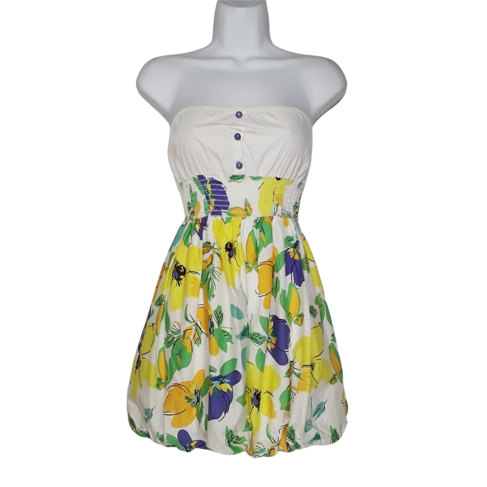 CHOCOLATE Yellow Green Floral Print Bubble Hem Strapless White Dress Small